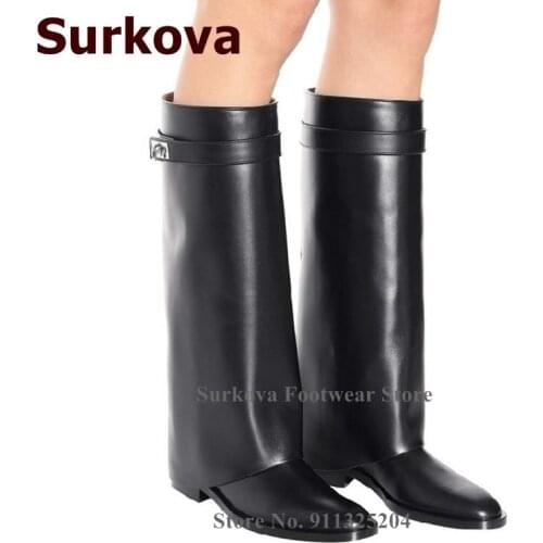 Surkova Shark Lock Low Heel Knee-High Boots Women Black Matte Leather Strap Turn Over Metal Decoration Dress Boots Chunky Heels