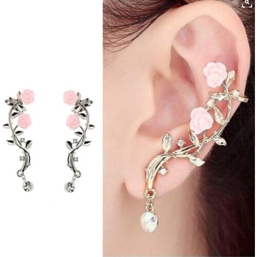 New Fashion Lady Gold Pink Rose Leaf Flower Ear Stud Cuff Earring Women Jewelry Pendientes Princesas Boucle D'oreille Cristal