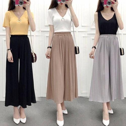 Ladies chiffon pleated solid color loose Casual Ankle-length pants YF030