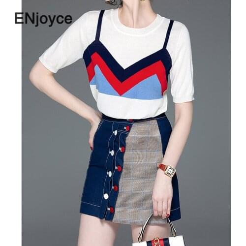 Summer Women Korean Style Knitted Short Sleeve Tshirt Tops and Mini Skirt Two Pieces Sets Ladies Elegant Waist Slimming Suit