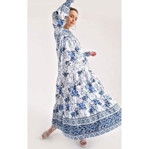 Women Blue Flower Print Sleeve Shirred Robalı Dress 1947