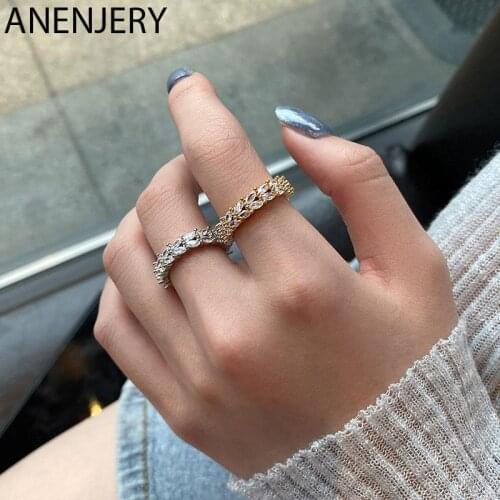 ANENJERY 925 Sterling Silver Shiny Zircon Leaves Opening Rings for Women Temperament Elegant All-Match Jewelry