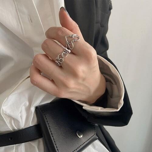 AOMU 2021 New Silver Color Retro Love Heart Hollow Ring Female INS Trend Handmade Hip-hop Fashion Ring For Women Jewelry Gifts