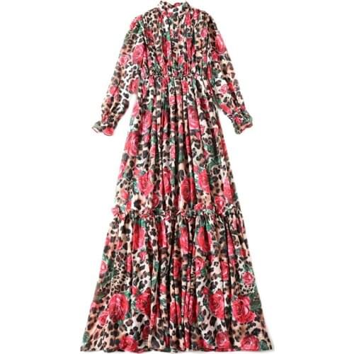 Retro Pastel Boho Vestidos Floral Print Harajuku Vacation Korean Long Dress Women Spring Fall Leopard Robe Pull Women Clothes