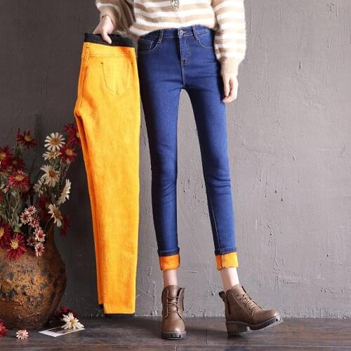 Winter blue Thick Plus Velvet Skinny Women High waist Jeans Fleece Warm Slim fit Womens Denim Pencil Pants casual mom jeans