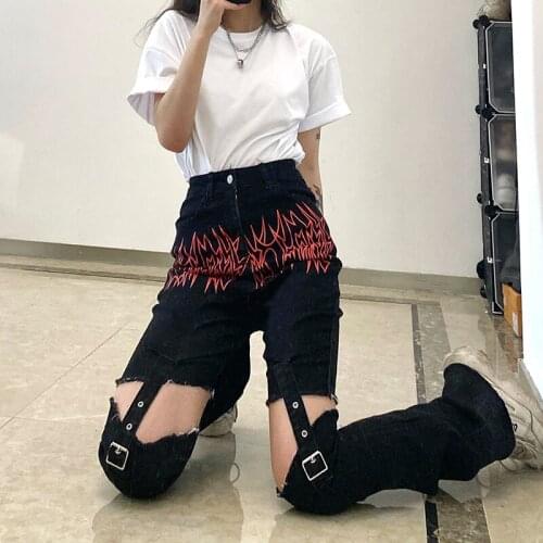 2021 Fashion Flame Long Jeans High Waist Thigh Hollow Out Strap Connect Trousers Female Girls Wild Trendy Denim Pants