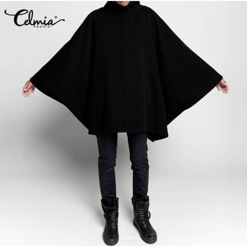 2021 Celmia Winter Warm Women Fashion Capes Stand Collor Zipper Jackets Bat Sleeve Woolen Coats Cloak Cape Casual Outerwear
