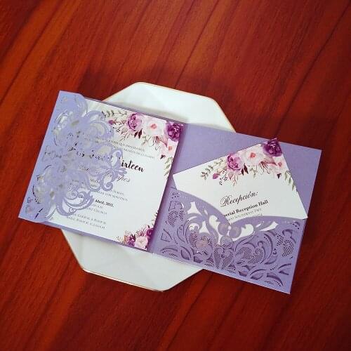 50 Pieces/Lot) Violet Custom Print Flower Wedding Invitation Card with RSVP Card and Envelope DIY Anniversary Invites for Party