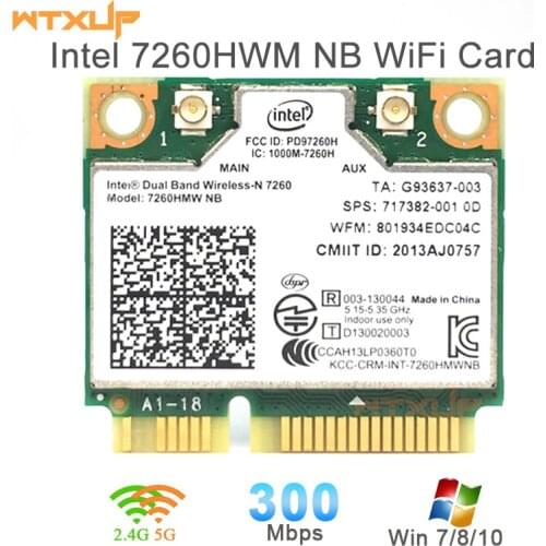 Wireless Wifi Card for Intel 7260HMW 7260 NB Mini PCI-E 300Mbps 802.11N 2.4G/5Ghz for Laptop 7260NB