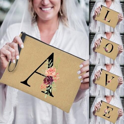 Flowers Alphabet Name Initials Wedding Cosmetic Makeup Toiletries Storage Bag Pencil Toy Organizers Zipper Pouch High Capacity