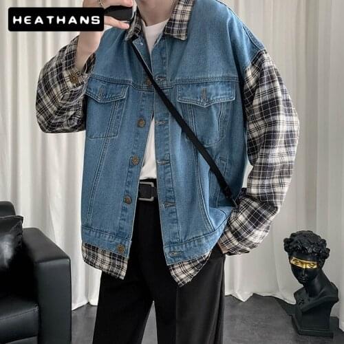Mens False Two Jeans Jackets Coats Patchwork Plaid Sleeve Jacket Male Denim Streetwear Designer M-2XL Oversized Outerwear Mens