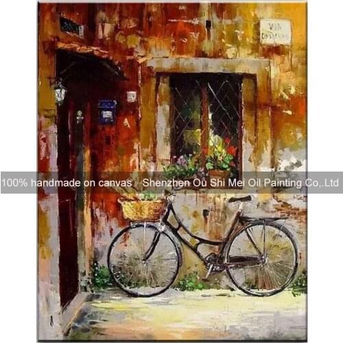 Home Decor Paintings Handmade Decorative Oil Painting Window Scenery Picture For Wall Decoration Bicycle on Street Landscape
