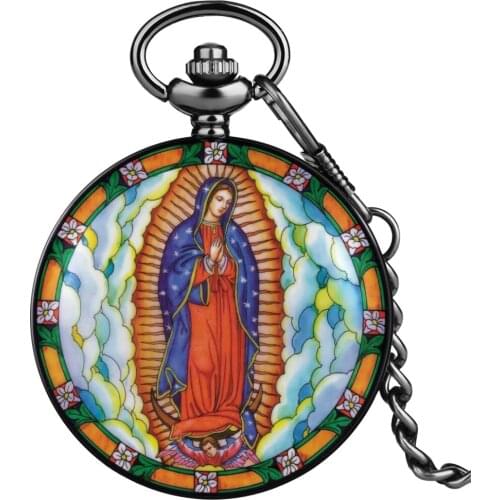 Catholicism Vintage Pocket Watch Fine Pattern Quartz Clock Classic Dial Alloy Thick Chain Necklace Birthday Gifts For Grandma