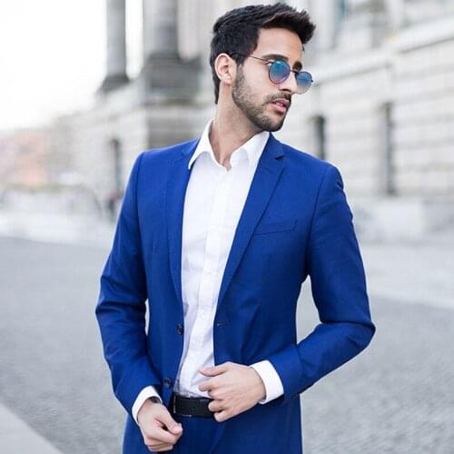 Handsome Blue Two Pieces Mens Suit Notched Lapel For Wedding Male Blazers Formal Tuxedos Tailored Prom Jackets With Trousers
