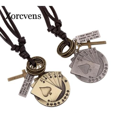 ZORCVENS Summer Design Vintage Women Leather Necklaces Metal Poker Card Cross Chunky Necklace Pendant Punk Rock Jewellery