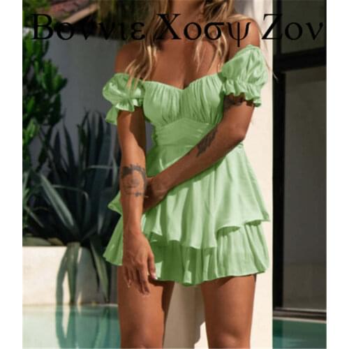 Summer Women Plain Off Shoulder Layered Ruffles Hem Romper Solid Chic One Piece