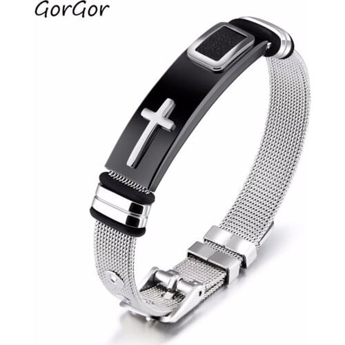 GorGor New Fashion Style Jewelry Steel Mesh Durable Gold Cross Titanium Steel Adjustable Simplicity Popular Mens Bracelet 878