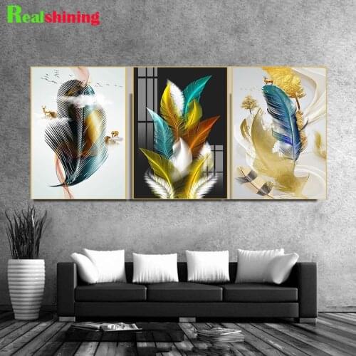 Diy Diamond Painting Nordic abstract colorful feathers Diamond Embroidery Full Display Diamond Mosaic Crafts Kit 3 pcs N1581