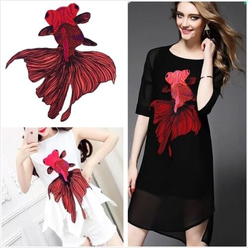 New Large Red Fish Embroidered Sticker Patches Applique Sew On Patch For Clothes Dress Shirt Handmade Garment Embroidery DIY