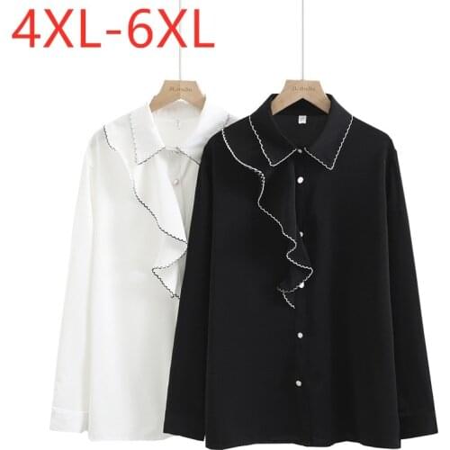 New 2021 Ladies Spring Autumn Plus Size Tops For Women Large Long Sleeve Loose Casual Ruffle Black Button Shirt 3XL 4XL 5XL 6XL