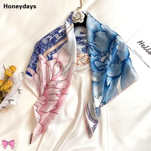 New Vintage Chinese Style Peony Flower Print Square Scarf Travel Sunscreen Scarfs Muslim Hijab Elegant Wedding Shawl Satin Hijab