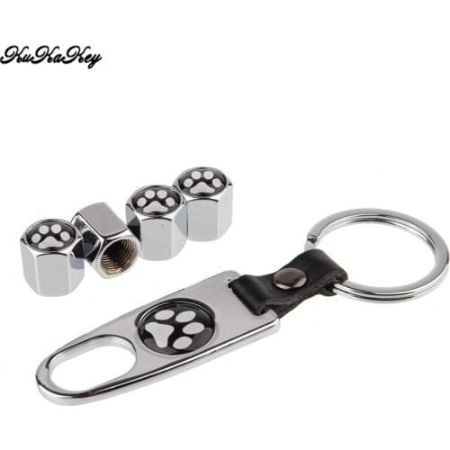 One Car Keychain with 4pcs Cat Paw Print Pattern Car Valve Caps Car Trunk Bicycle Motorcycle Wheel Air Valve Cap Car Accessories