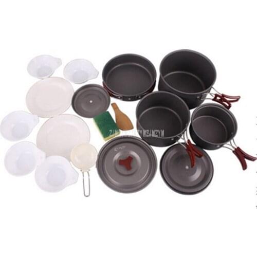 UR21009 1 Set Portable Outdoor Cooking Tool 5-6 Person Picnic BBQ Pot Pan Plate Cup Set Tableware Cutlery Camping Cookware Set