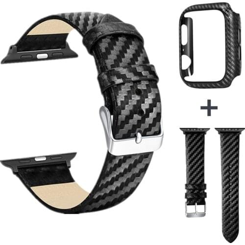 For Apple Watch Band Series SE 6 5 4 3 Carbon Fiber Strap+Case Black Leather Bracelet Frame Cover for iWatch 44mm 40mm 42mm 38mm