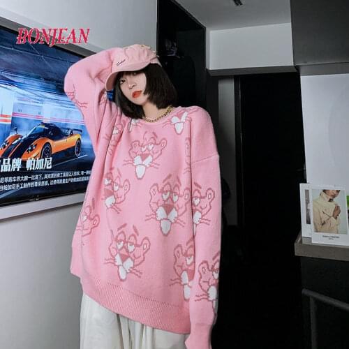 Pink Sweater Christmas Jumper Korean Autumn and Winter Loose Oversized Sweater Couples Clothes Japanese Fashion 2020 NEW