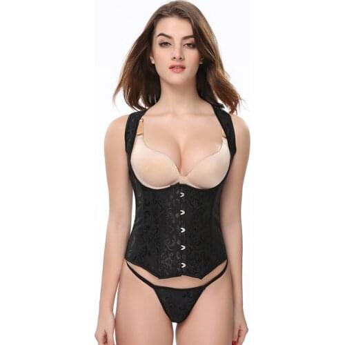 Brocade Floral Vest Corset Top Steel Boned Underbust Bustier Shoulder Straps Corselet Slimming Waist Cincher Shapewear