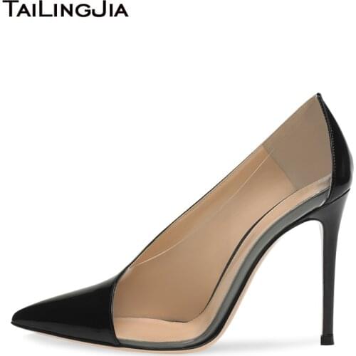 Sexy Pointed Toe Black Heels PVC Dress Shoes Woman High Heel Pumps Women Transparent Stiletto Ladies Party Shoes Size 44 2019