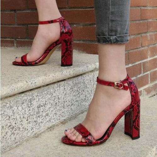New Arrivals Red Snake Print Leather Womens Square Heel Sandals Ankle Strap Cut-out Gladiator Sandals Women Summer Shoes