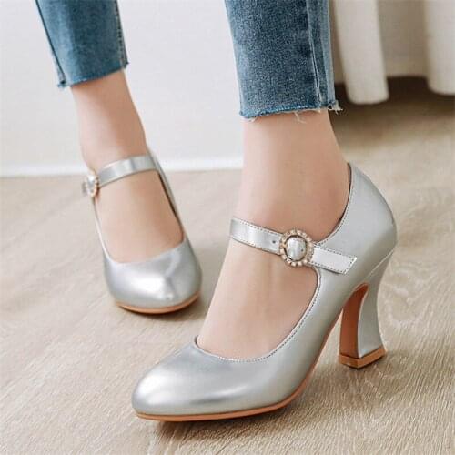 Women Mary Jane High Heels Shoes Elegant Ladies Block Heel Pumps Shoes Brand Designer Dress Office Wedding Shoes Silver Gold