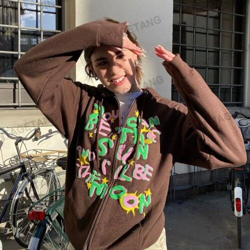 B-TOTO American Retro Coffee Brown Graffiti Hooded Zipper Sweater Jacket Female Tide Ins Thin Section 2021 New Fashion
