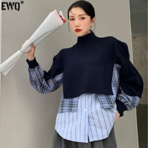 [EWQ] Korea Casual Trendy Women Half-high Collar Fake Two-piece Splicing Fashion Long-sleeved Sweatshirt Autumn 2021 16E2384