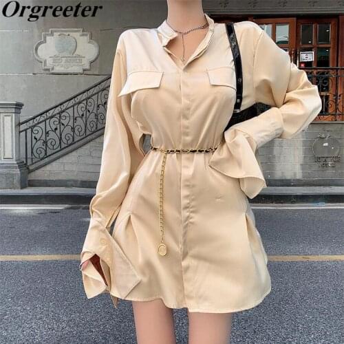 Temperament Champagne Satin Shirt Dress for Women Autumn New Lapel Flare Long Sleeve Straight Loose Mini Dress With Chain Belt