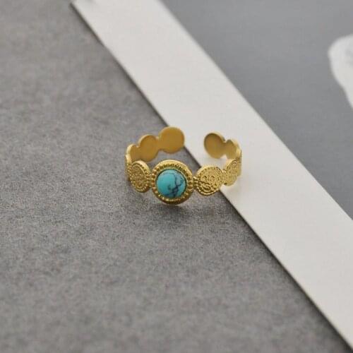 Bohemian Round Blue Stone Ring For Women Waterproof Stainless Steel Gold Circle Textured Opening Womens Ring Jewelry Party Gift