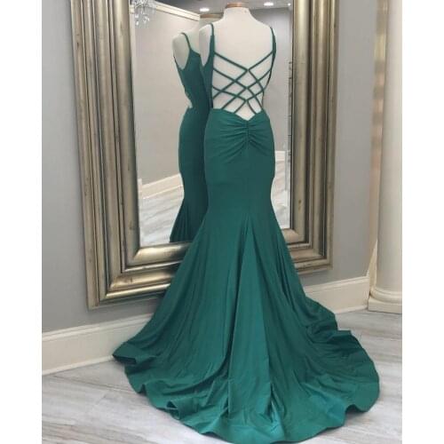 Long Mermaid V-Neck Evening Dresses Green Satin Sexy Criss Cross Back Sweep Train Abendkleider Robes de Soirée for Women