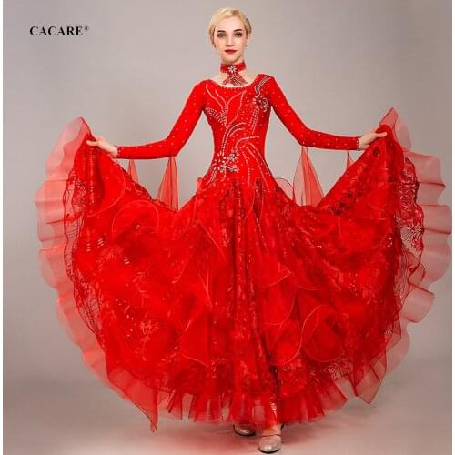 CACARE Ballroom Dance Competition Dresses Tango Waltz Dress Flamenco Standard Dance Gown D0795 Rhinestones Big Sheer Hem