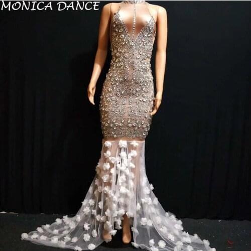 Women Sexy Nightclub Silver Rhinestones Big Stretch Dress Sleeveless Shining Crystals Dress Stage Celebrate One-piece Dress