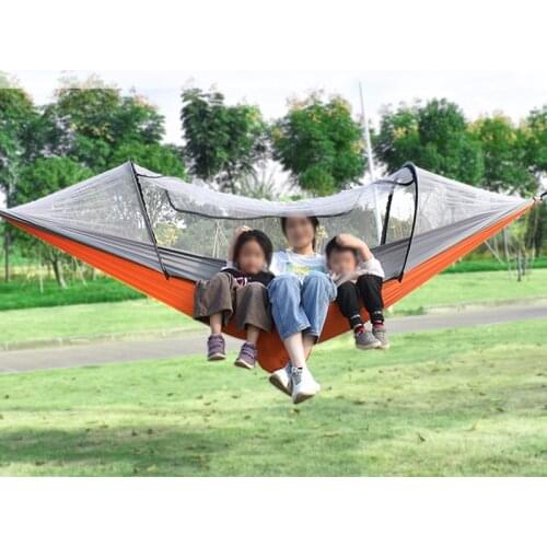 2021 Outdoor Camping Single Double Parachute Cloth Hammock with Mosquito Net Automatic Strut Portable Camping Hammock