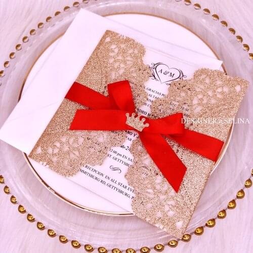 50pc Rose Gold Sprinkle Laser Cut Wedding Invitation with Ribbon and Glittery Crown Printable Invitations Card for Bridal Shower