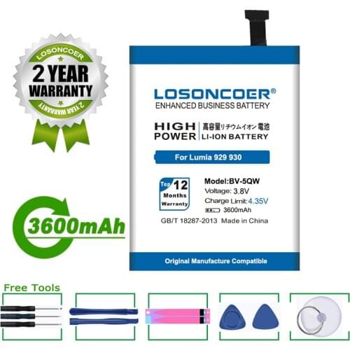 LOSONCOER Battery NEW 3600mAh BV-5QW Mobile Phone Battery For Nokia Microsoft Lumia 930 RM927 Batteries