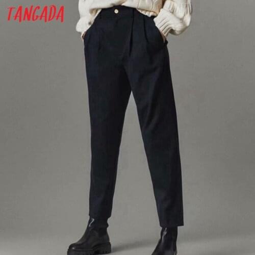 Tangada Spring Fashion Women Casual Harm Suit Pants Trousers With Pockets Buttons Office Lady Pants Pantalon 4C13