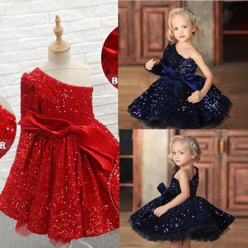 Kids Glitter Party Dresses Puffy Royal Blue Girl Princess Gowns One Shoulder Flower Girl Dresses Kids Baby Prom Wear