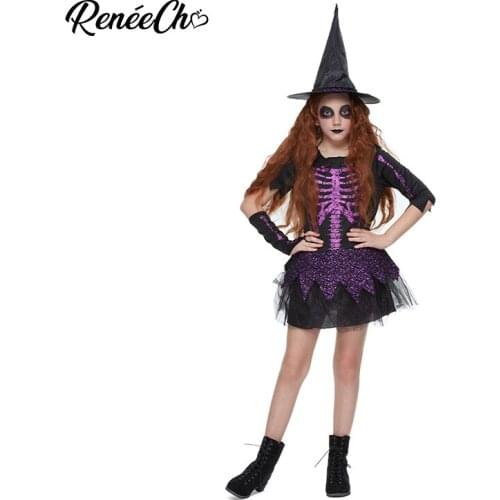 Reneecho Purple Witch Costume Girls Bone Costume Scary Skeleton Costume Halloween Costume For Kids Fancy Dress And Hat Set