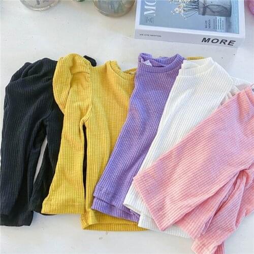 DXFD Toddler Girls T-shirt Long Sleeve Baby Girls Solid Puff Sleeve Bottoming Shirt Korean Children Clothes Autumn Girls Tops
