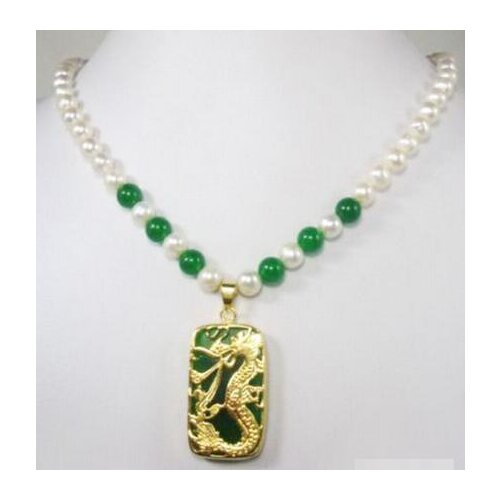 Hot sale new Style >>>>>Genuine White Pearl Green stone Yellow stone Dragon Pendant Necklace