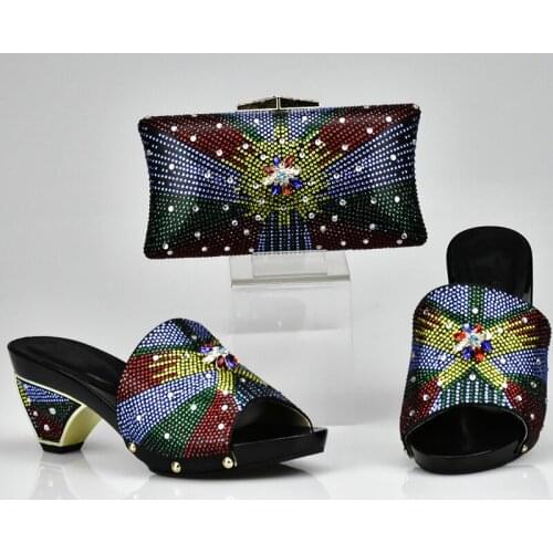 New Arrival Black Color Italian Ladies Shoe and Bag Set Decorated with Rhinestone African Shoes and Bag Set for Party Italy Shoe
