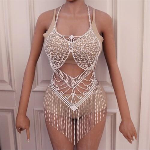 2021New Long Full Body Chain Necklace Sexy Rhinestone Lingerie Set Luxury Tassel Body Jewelry for Women Fashion Bikini Set